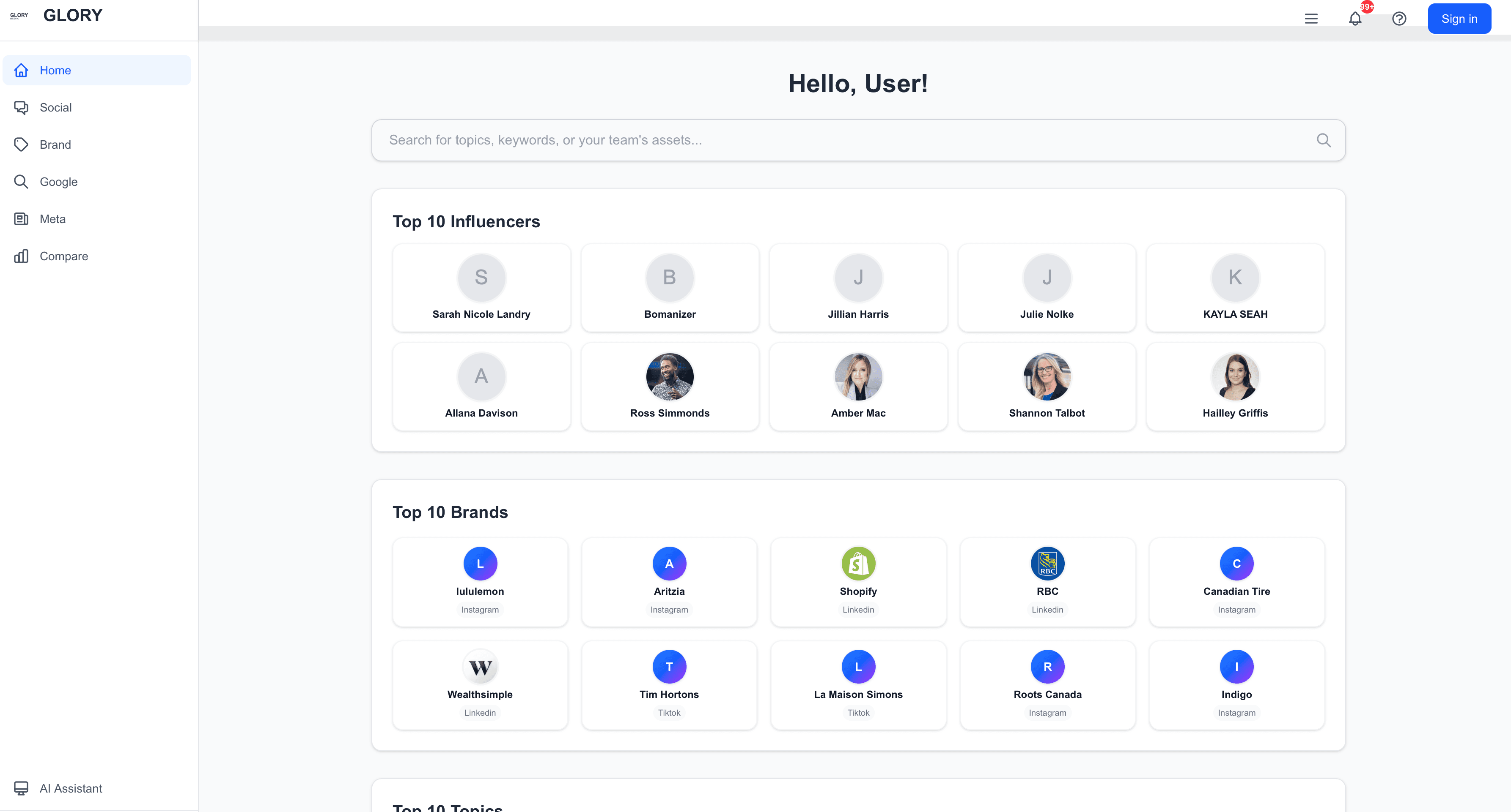 Glory Dashboard Main View